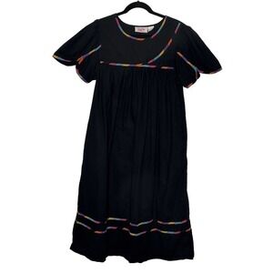 Vintage Sita Maxi Dress With Pockets Round Neck Short Sleeve Cotton Black Large